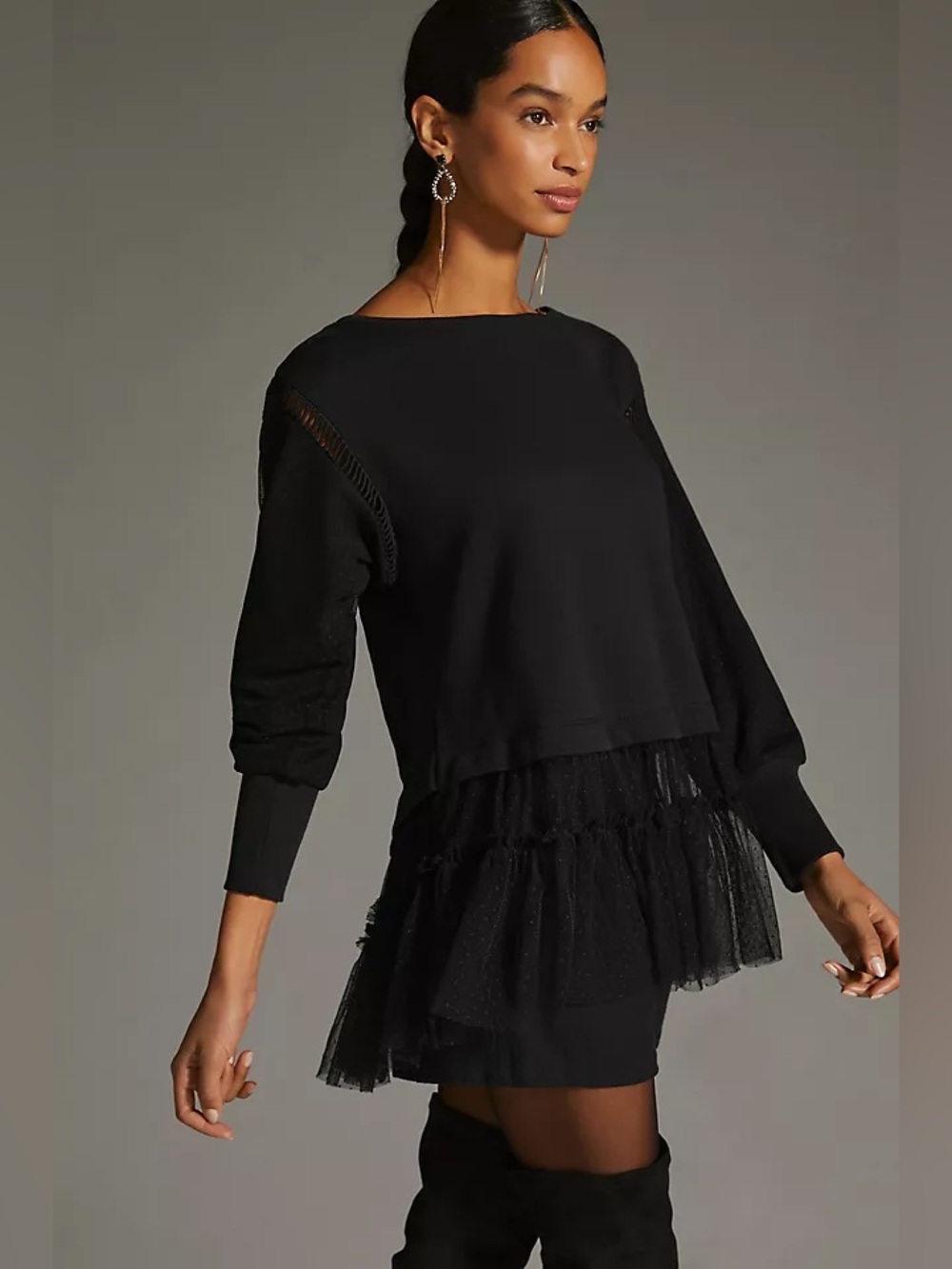 By Anthropologie Black Relaxed Tulle Trim Layered Sweatshirt Size M
